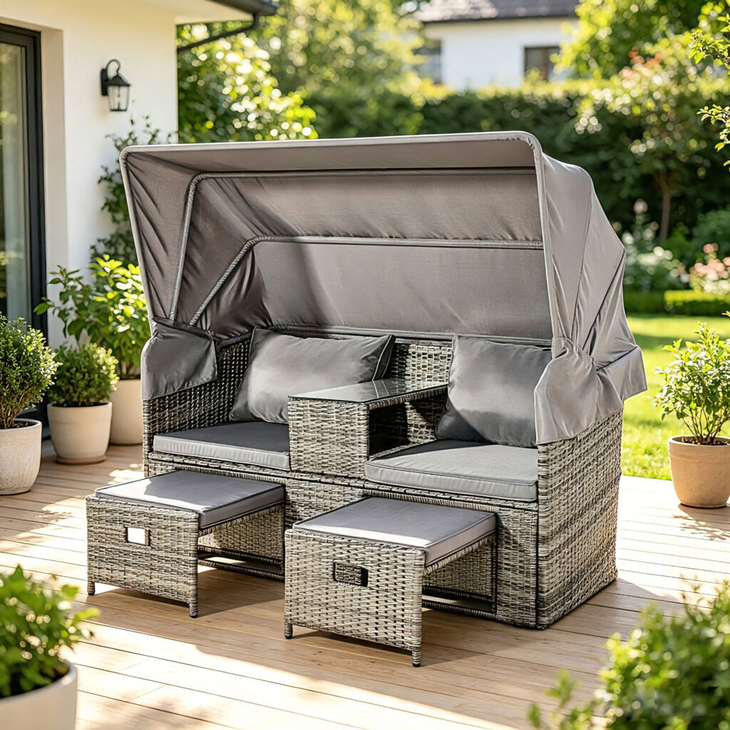 2-Seater PE Rattan Outdoor Daybed with Canopy 4 场景图2 1