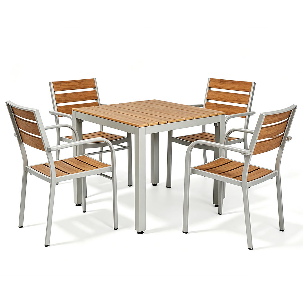 5-Piece Iron Frame Plastic-Wood Outdoor Dining Set - front view